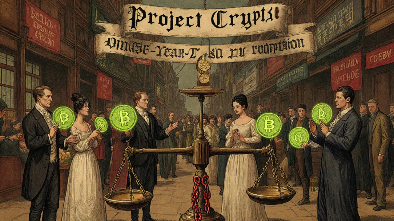 International figures trade tokens under a global regulation scale, some compliant, others restricted, in a period-style marketplace.