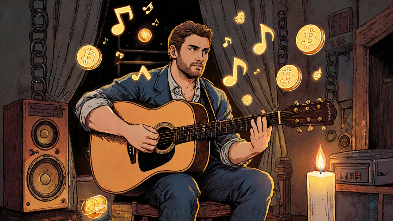 Musician earns royalties as musical notes turn into digital payments flowing into their wallet via blockchain.