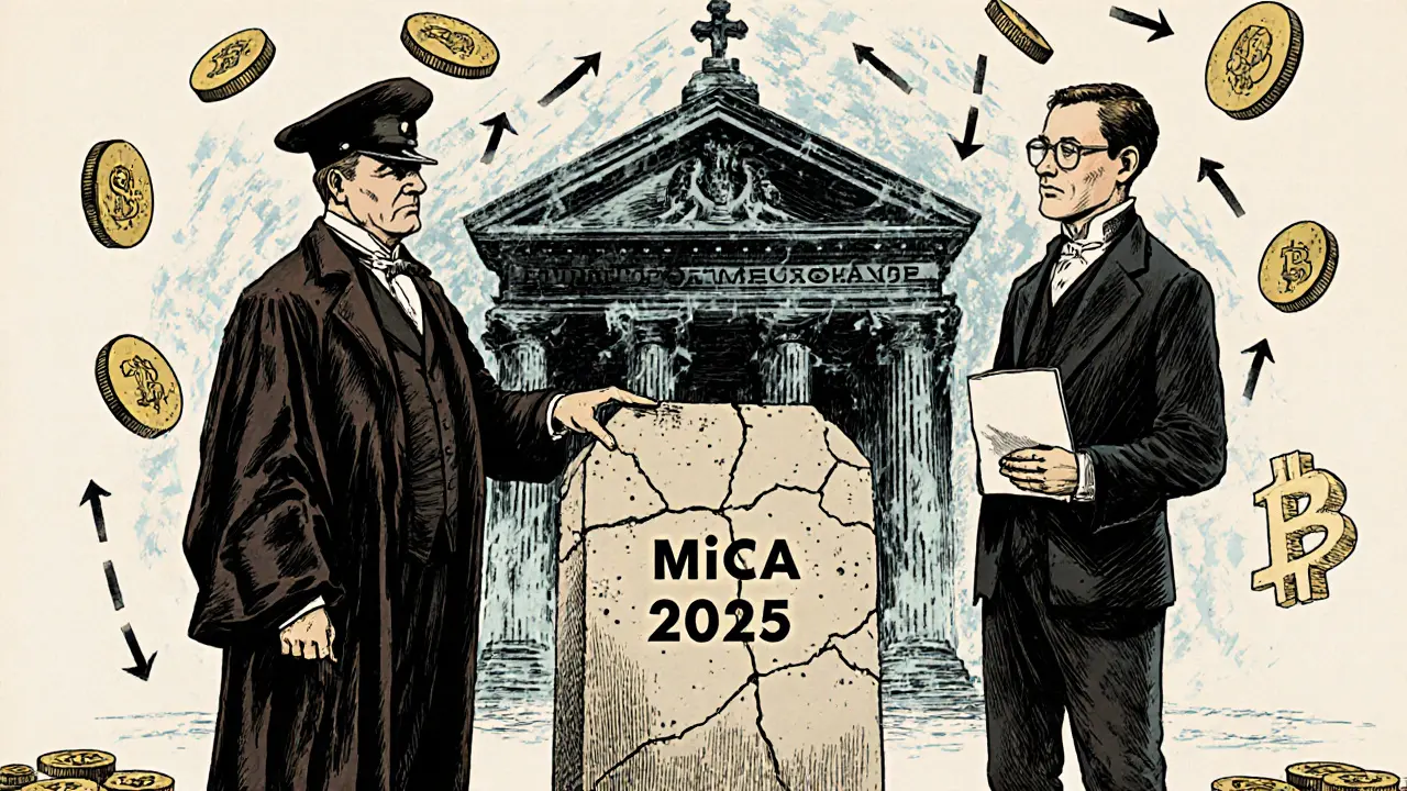 Three regulatory figures standing before a frozen crypto business tablet labeled &#039;MiCA 2025&#039;, surrounded by floating coins.