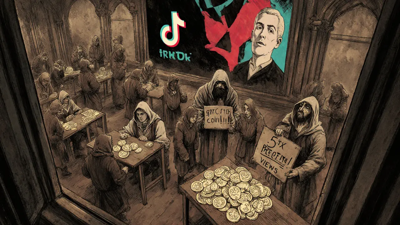 Vintage traders bartering 67COIN tokens in a chaotic market with a giant TikTok screen above.