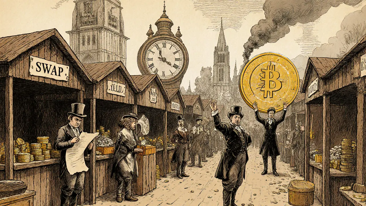19th-century traders in a marketplace exchanging crypto tokens at stalls labeled Swap, Yield Farm, and Lottery.