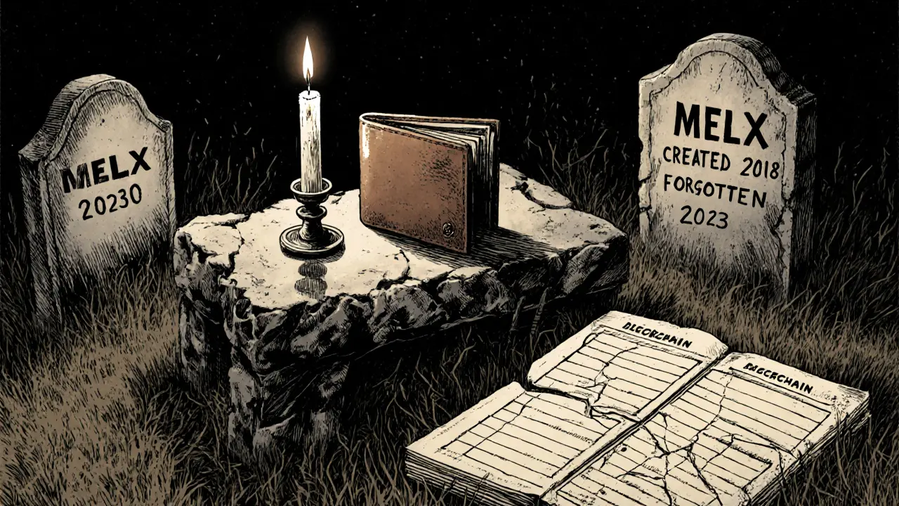 A forgotten wallet in a digital graveyard with tombstones marking dead crypto projects.