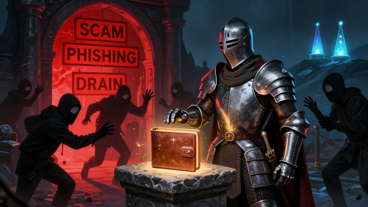 A knight guards a glowing wallet as shadowy scammers try to steal it, while legitimate crypto beacons shine in the distance.