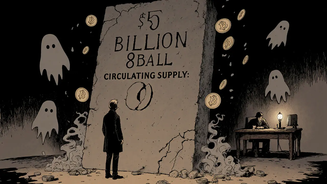 A lone figure facing a stone tablet marked '0 circulating tokens' as ghostly tokens fade away.