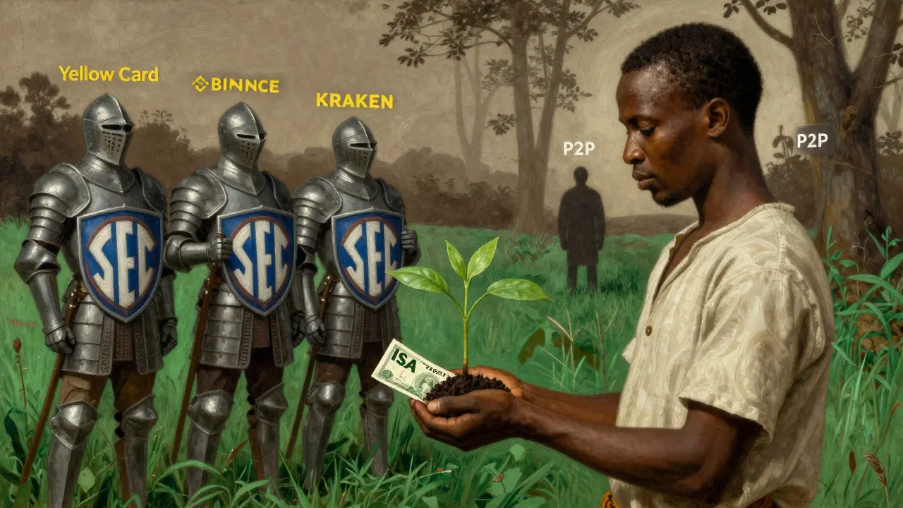 A seedling labeled &#039;ISA 2025&#039; grows from a banknote as licensed crypto firms stand like knights.