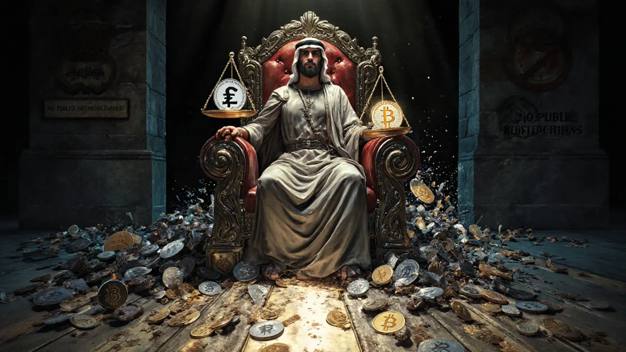 A sovereign figure holds a scale balancing riyal against broken crypto, surrounded by controlled digital assets.