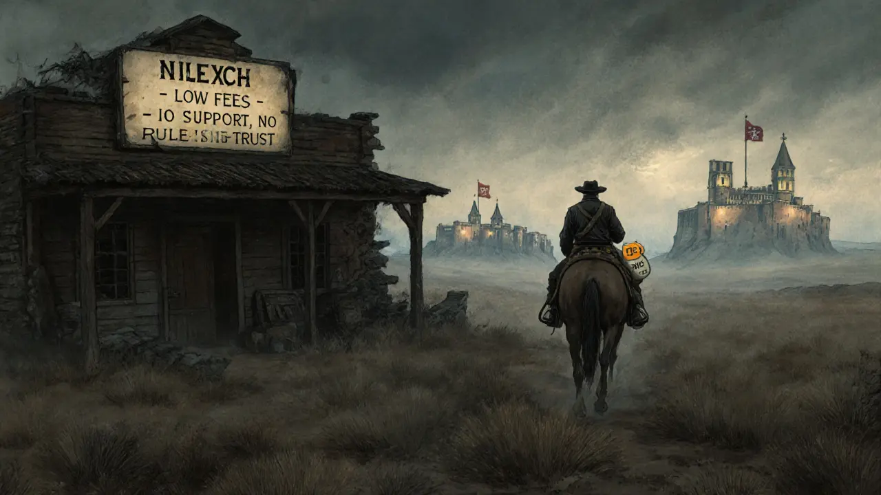 A traveler rides away from a crumbling outpost labeled &#039;NLexch&#039; toward distant, well-lit exchanges marked with security banners.