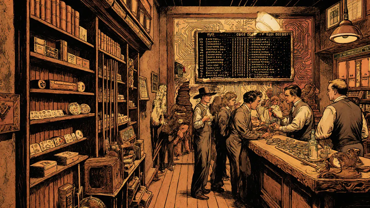 A vintage Pro Shop with cue sticks and NFT collectibles, players trading tokens at a wooden counter.