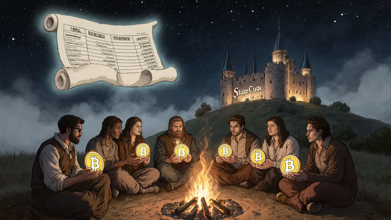 Adventurers around a campfire holding glowing crypto coins, with a distant blockchain-shaped castle.