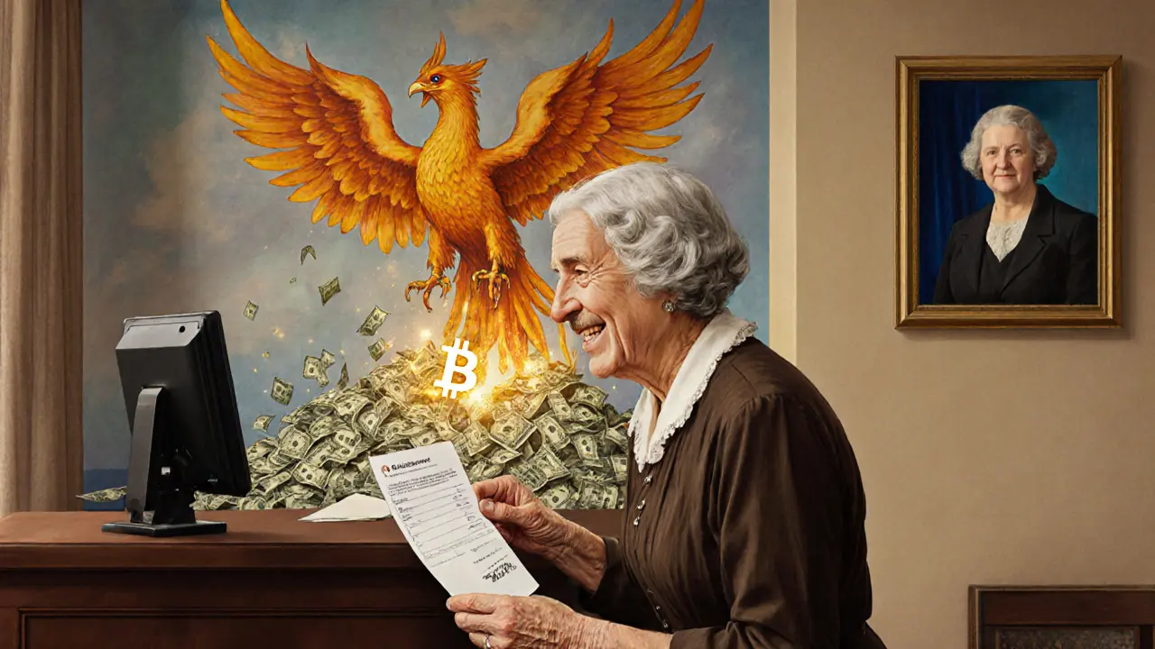 An elderly woman receives a Bitcoin ETF receipt at a bank, as a mural shows dollars turning into blockchain light.