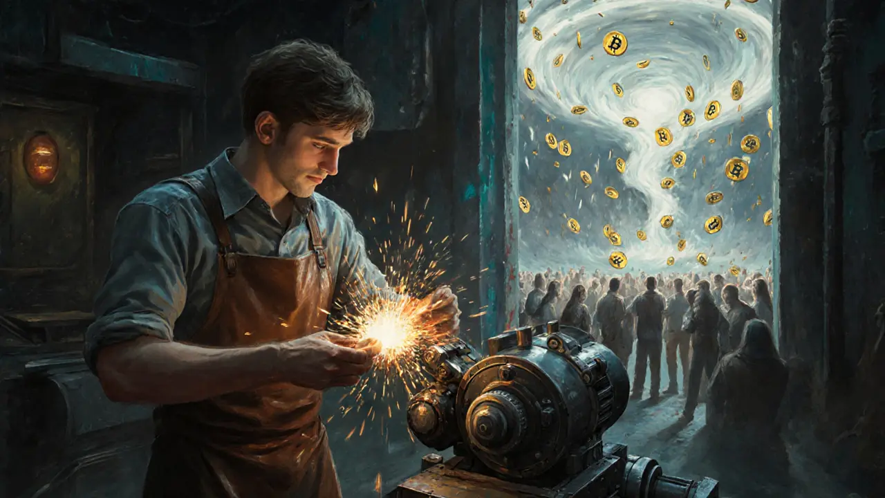 An engineer connects a wallet to a war machine as GEAR tokens rain from a glowing portal.