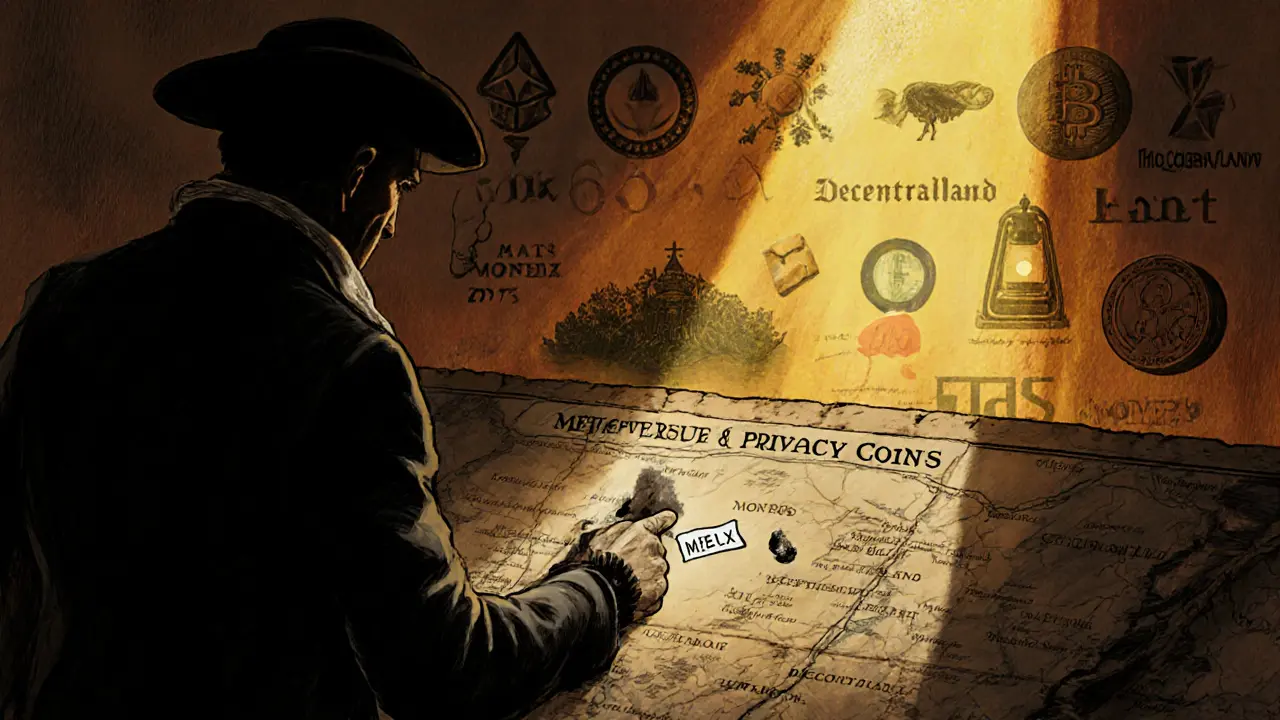 An explorer points to a faded dot on a map labeled MELX, while thriving coins glow in the background.