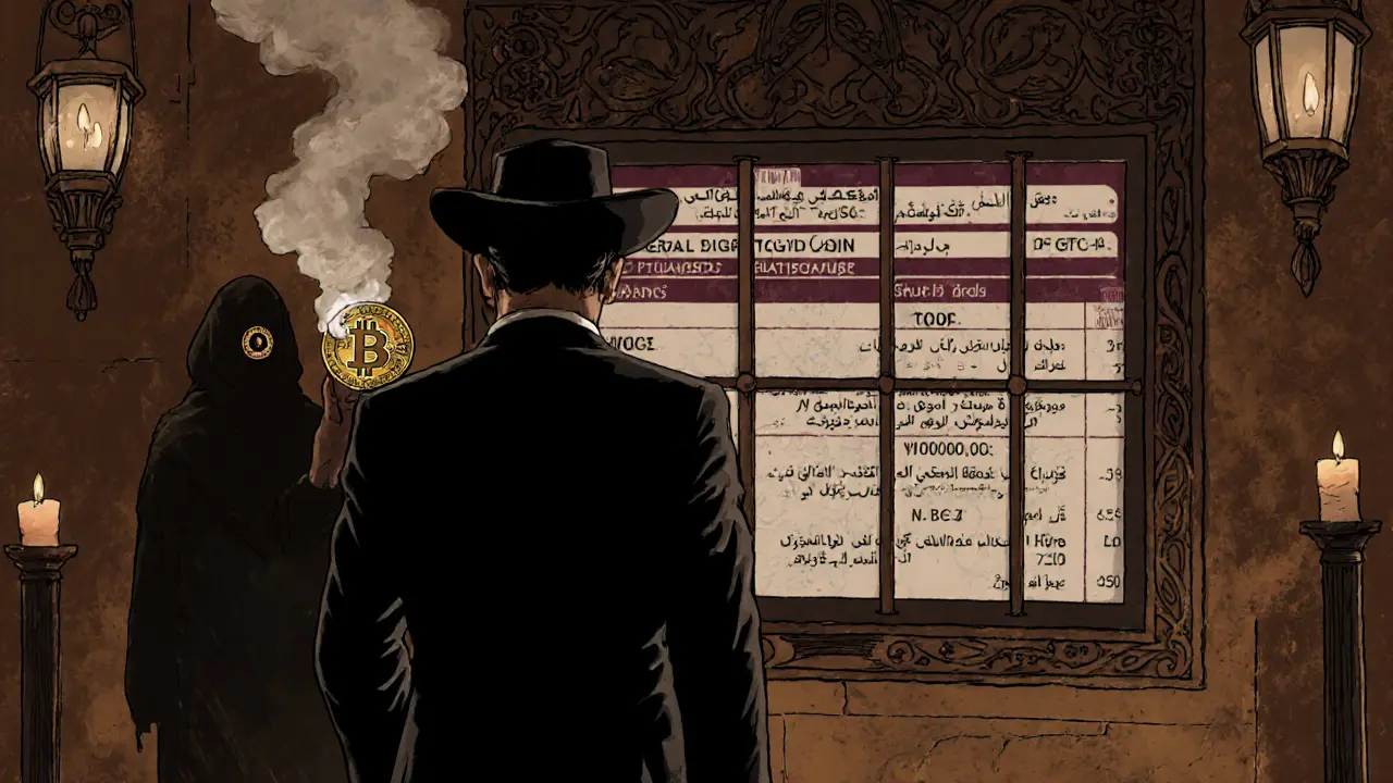 An investor watches tokenized assets through barred windows, while crypto fades to smoke.