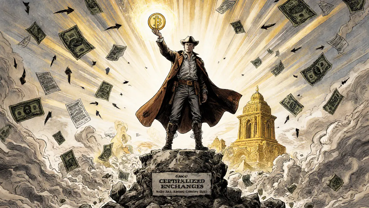 Crypto pioneer holding CAKE token above crumbling centralized exchange ruins, with DeFi temple rising in the horizon.