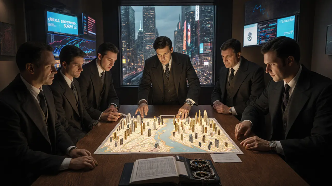 Investors examine a tokenized city map on an oak table, with digital assets floating above historic ledgers.