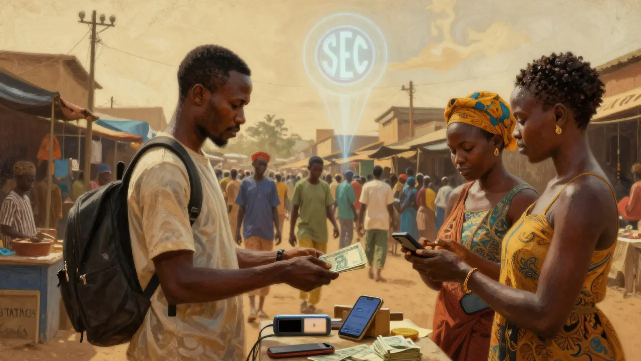 Nigerians trading crypto via mobile phones in a vibrant street market under a glowing SEC logo.