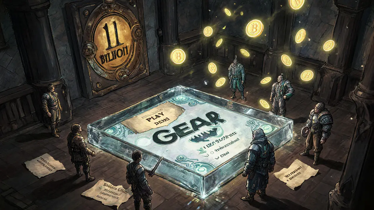 Players in steampunk gear gather around a crystal tablet displaying the GEAR token symbol.