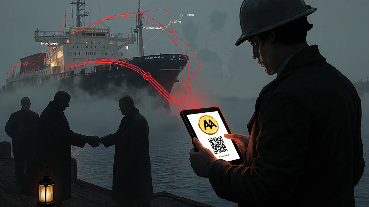 Russian oil tanker worker scanning QR code for A7A5 stablecoin at remote port