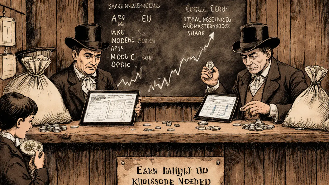Rustic 1800s trading post turned crypto hub with merchants bartering coins and digital dashboards.