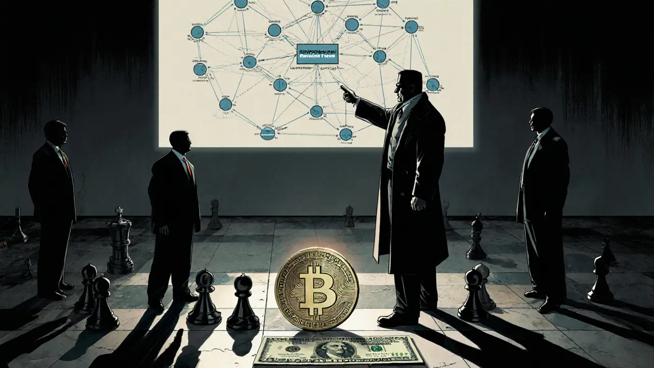 U.S. agent pointing at blockchain node as Russian figures scatter with dollar bill crushed beneath feet