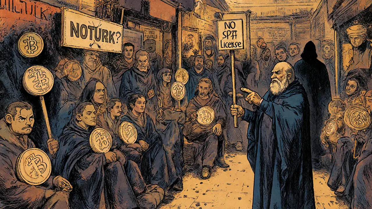 A bazaar filled with deceptive crypto stalls, a wise figure warns of unlicensed exchanges in a vintage Turkish setting.