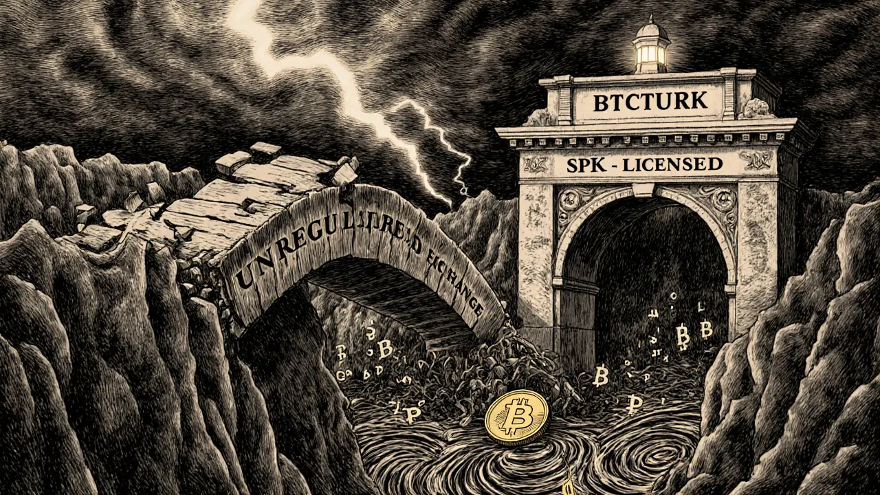 A crumbling bridge labeled &#039;Unregulated Exchange&#039; collapses into darkness as a safe, licensed path remains intact.