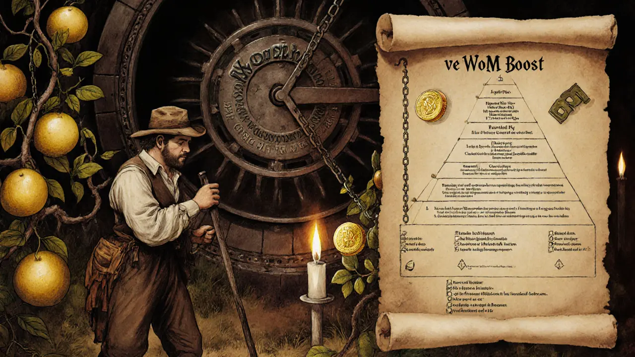 A farmer harvesting golden WOM tokens from magical vines, with a locked veWOM vault and reward chart glowing in the background.