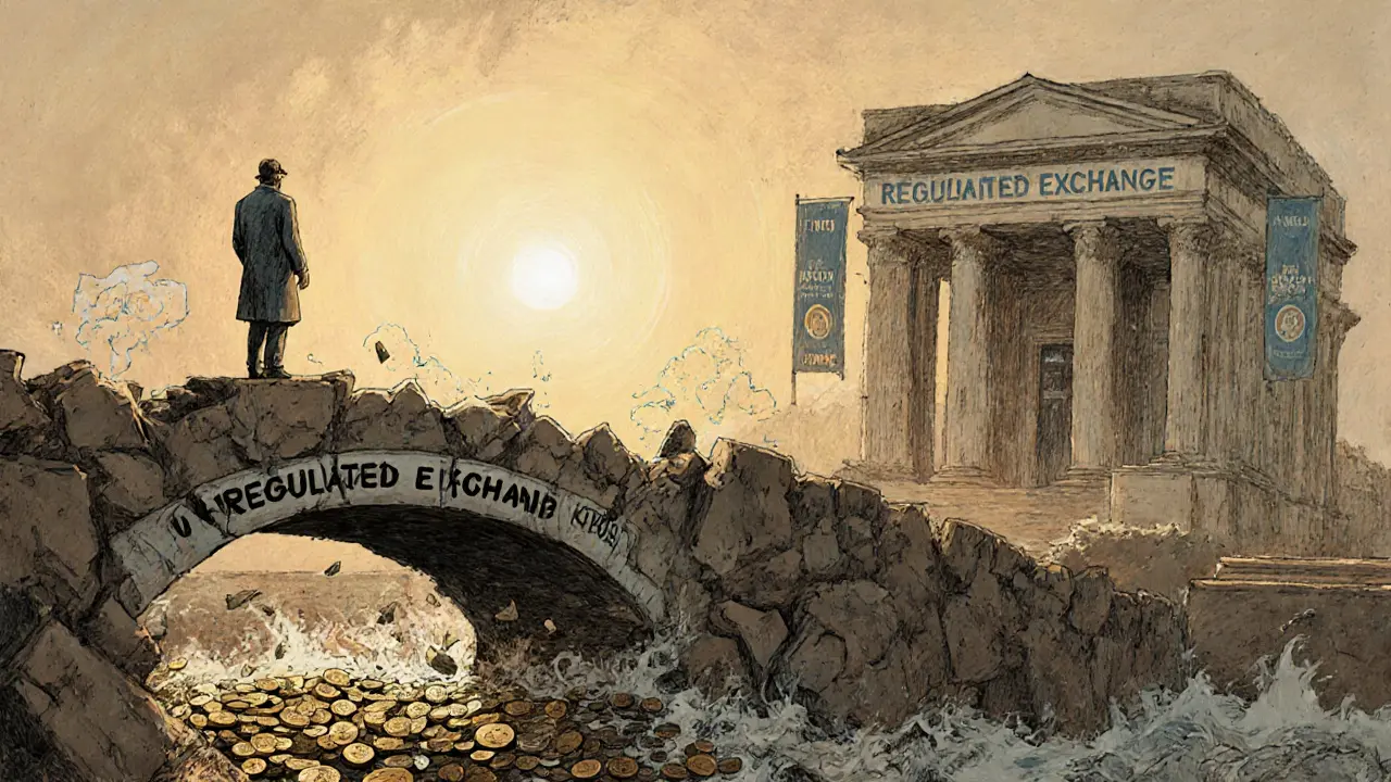 A lone user watches funds disappear from an unregulated exchange, as a compliant exchange shines safely in the distance.