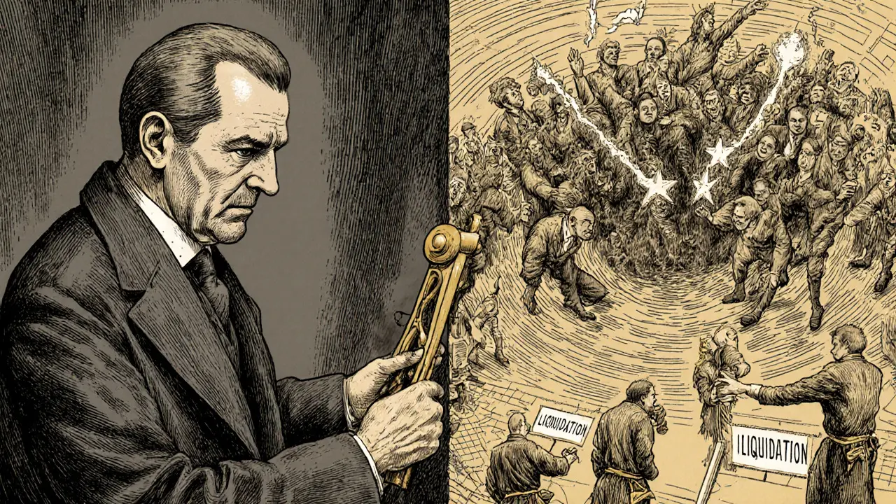 A seasoned trader using a sextant to align price markers while others are pulled into a liquidation vortex.