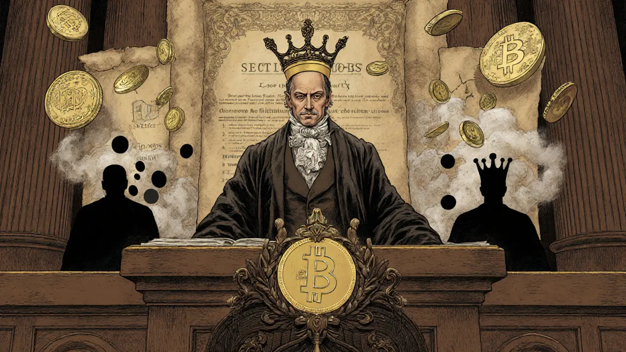 A trader in court as gains rise and losses vanish, with tax law scrolls in background.