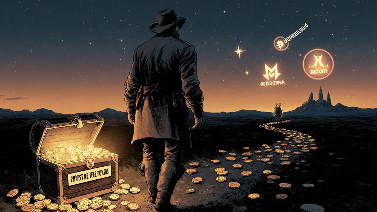 A traveler rejects a fake PNDR treasure chest and walks toward real airdrops shining in the distance.