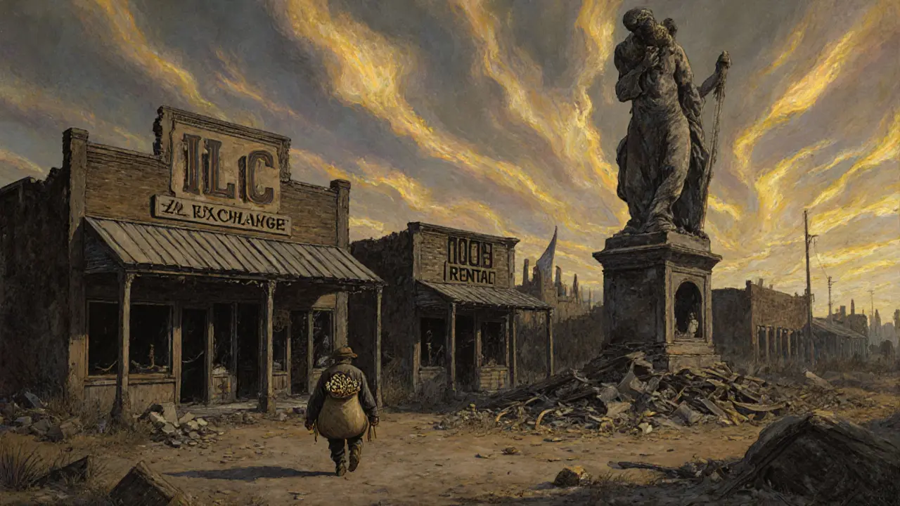 Abandoned crypto ghost town at dusk, with a lone figure walking away from a broken tower.