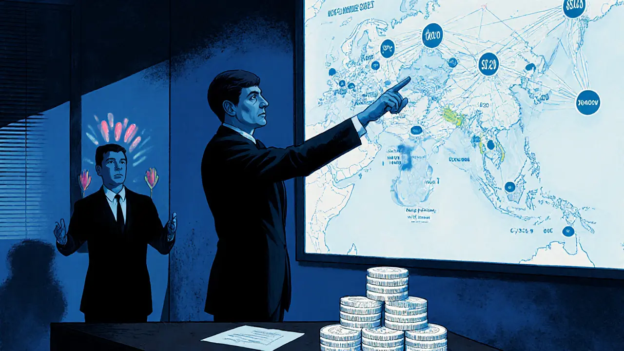 An SEC investigator exposes illicit crypto flows while a CEO ignores compliance alerts in a dimly lit office.