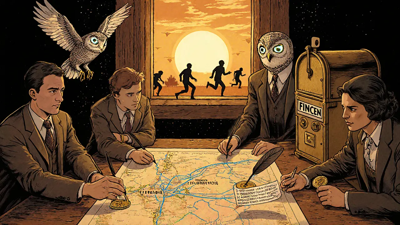 Analysts trace crypto paths on a wooden blockchain map with AI owls and FinCEN mailbox
