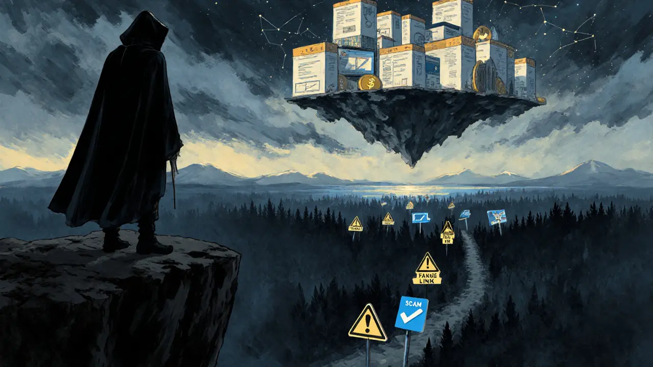 Figure on a cliff overlooking a floating NFT castle, with a safe path marked by a blue checkmark through a forest of scam sites.