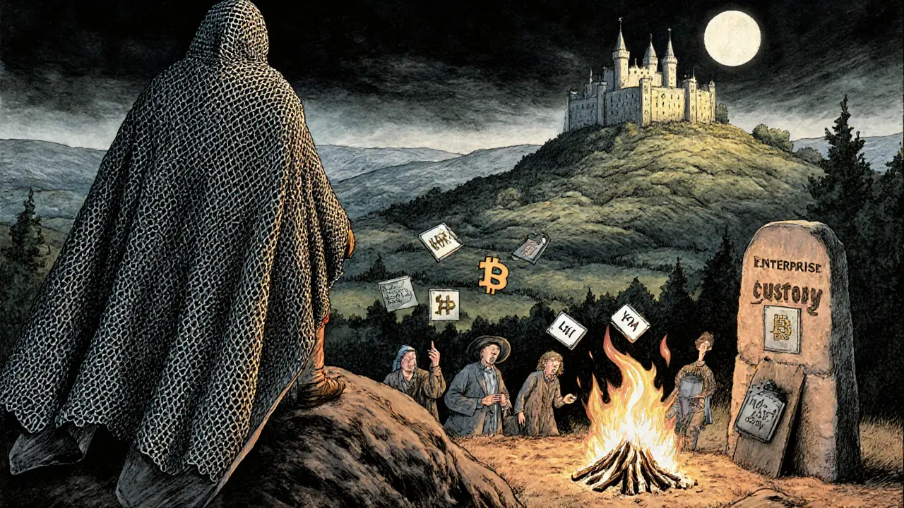 Guardian watching over digital currency valley as others burn seed phrases carelessly.