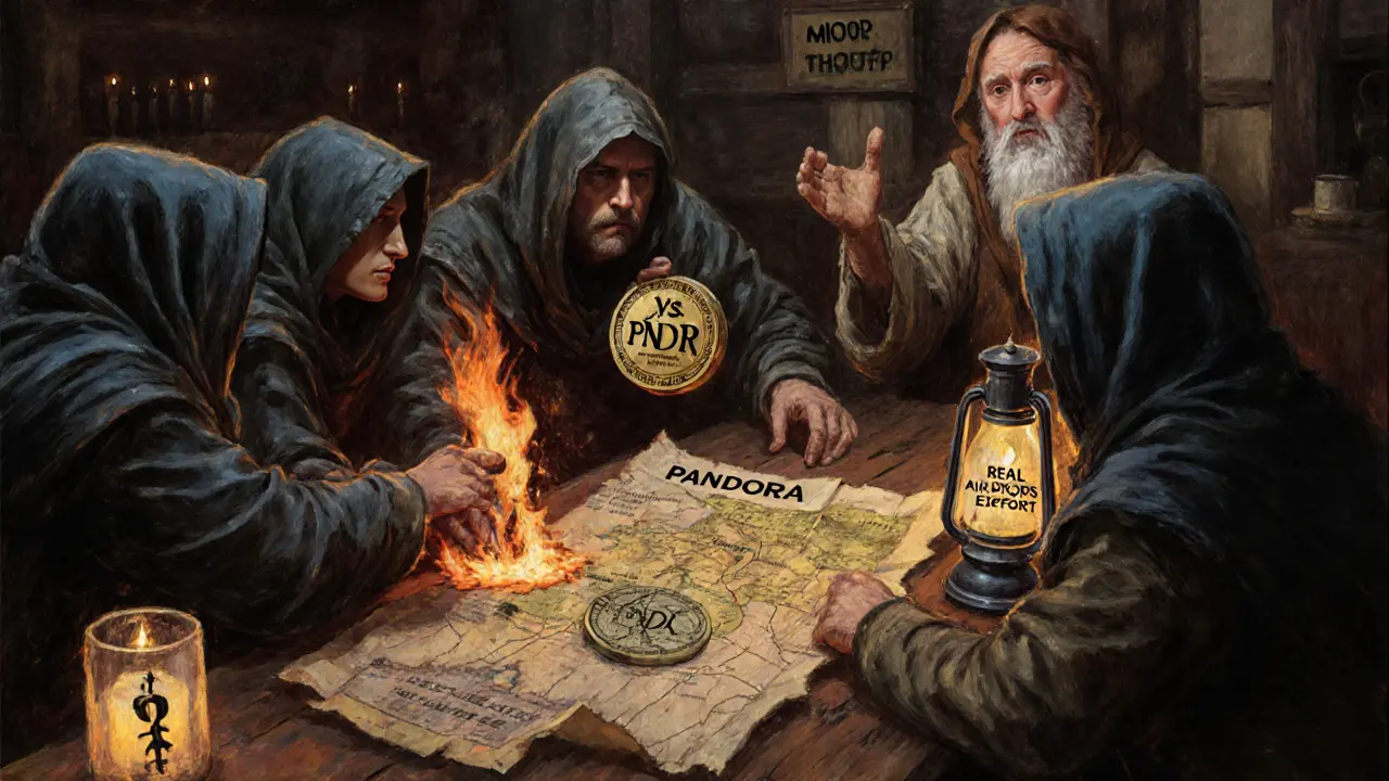 Hooded figures argue over confused crypto tokens in a tavern, while a sage warns them with a lantern.