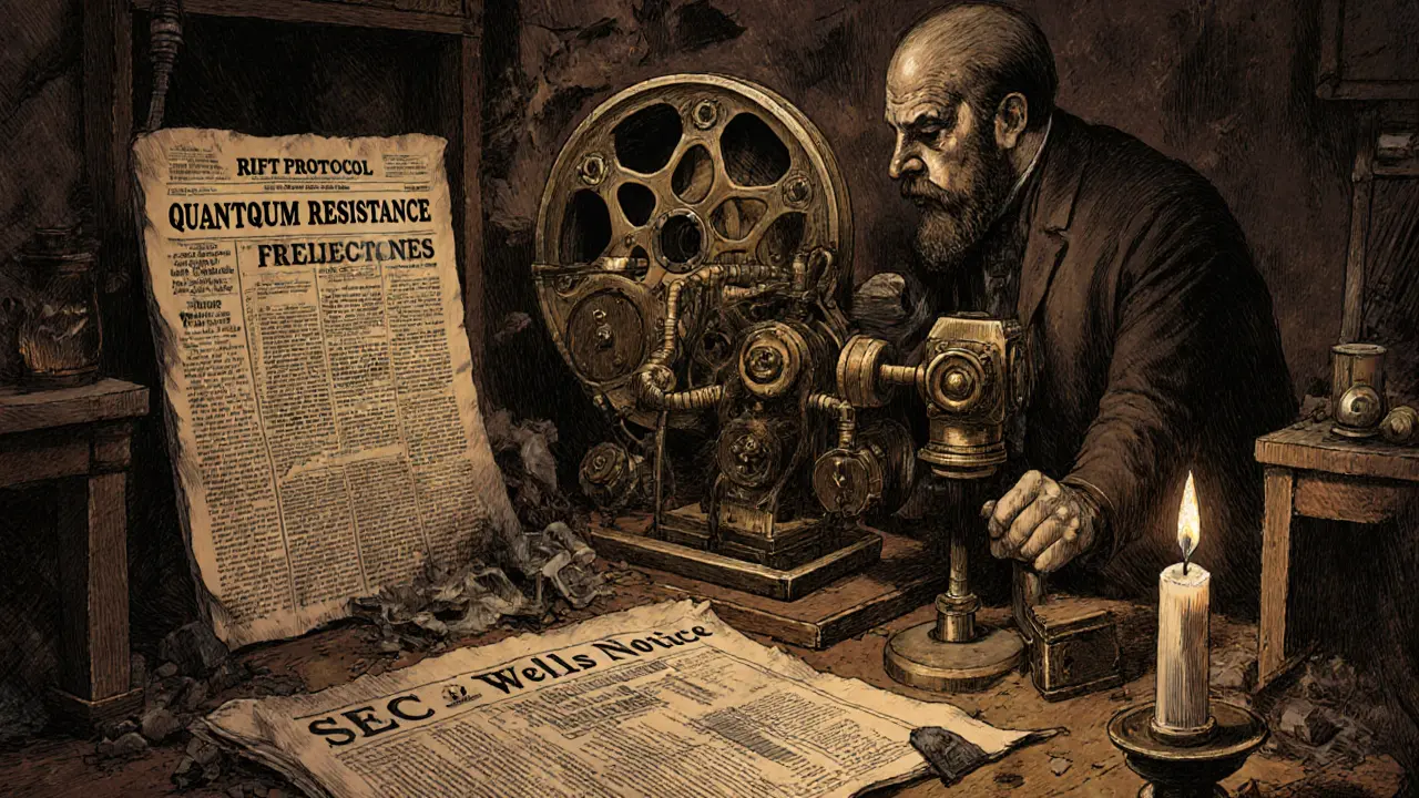 Inventor struggling with a mechanical blockchain machine in a dim 19th-century lab.