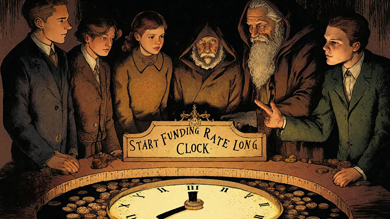 Novice traders lose coins to a funding rate pit as a wise elder warns them to think long-term.