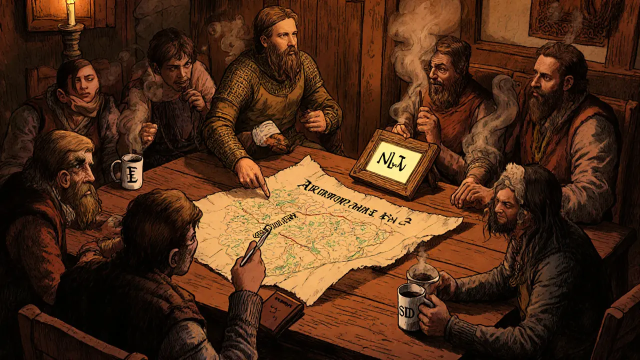 Pioneers gathered around a map of LZ Farm, examining an NFT under candlelight in a rustic tavern scene.