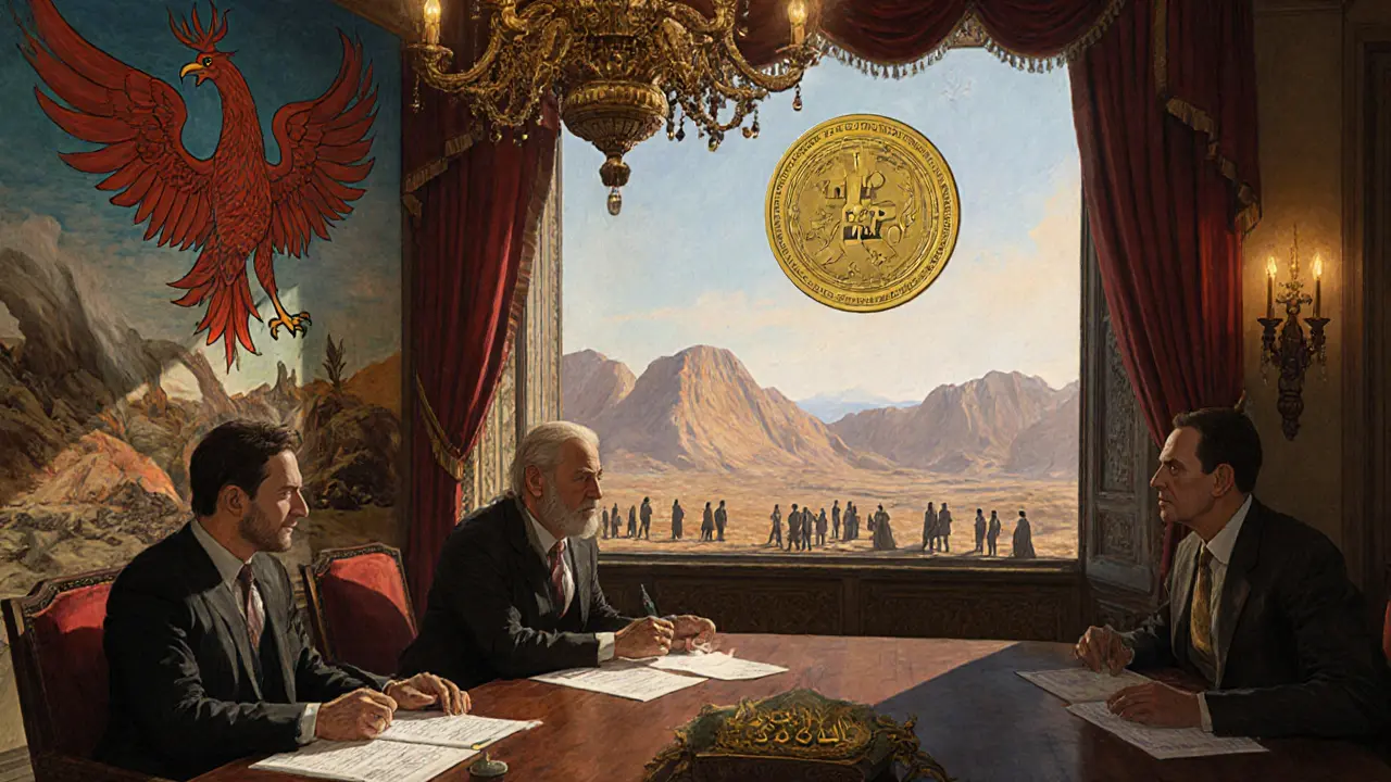 Regulators review blockchain reports under lamplight as a phoenix rises from the FATF grey list.