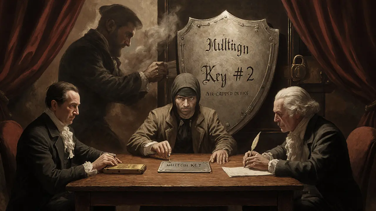 Three figures securing crypto with fingerprint, vault key, and engraved steel plate.