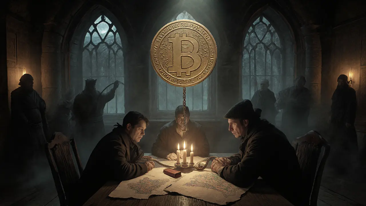 Three users at a candlelit table connecting a wallet to a CoinMarketCap seal, imposters fading in shadow, maps of DeFi ecosystems visible.