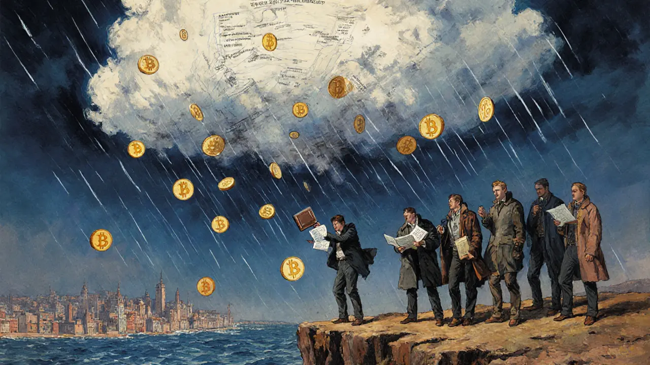 Traders on a cliff watching crypto wealth fall into the sea under a tax storm.