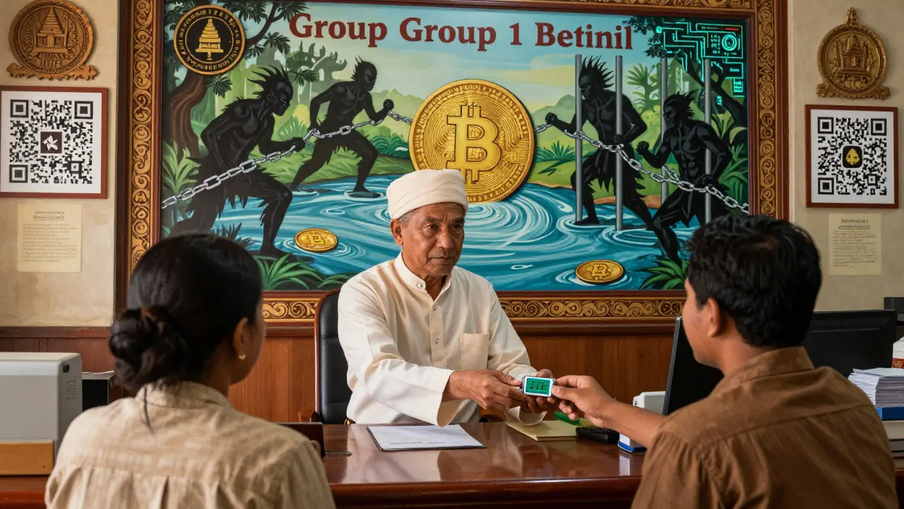 A bank official gives a digital token to a rural customer, while regulated stablecoins glow beside banned cryptos in a mural.