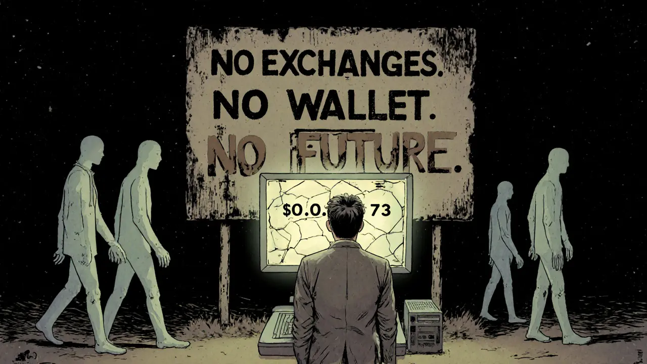 A confused person staring at a fake crypto price screen, while ghostly users walk away into darkness.