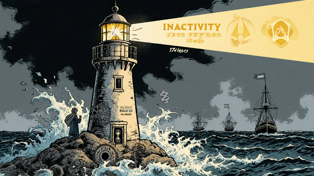 A flickering lighthouse validator node battles stormy waves labeled &#039;Inactivity Leak&#039; under a dark sky.