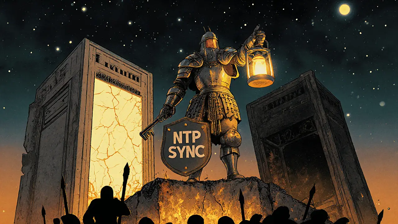 A hero stands between two server towers, one active and one broken, holding a sync lantern under starry skies.