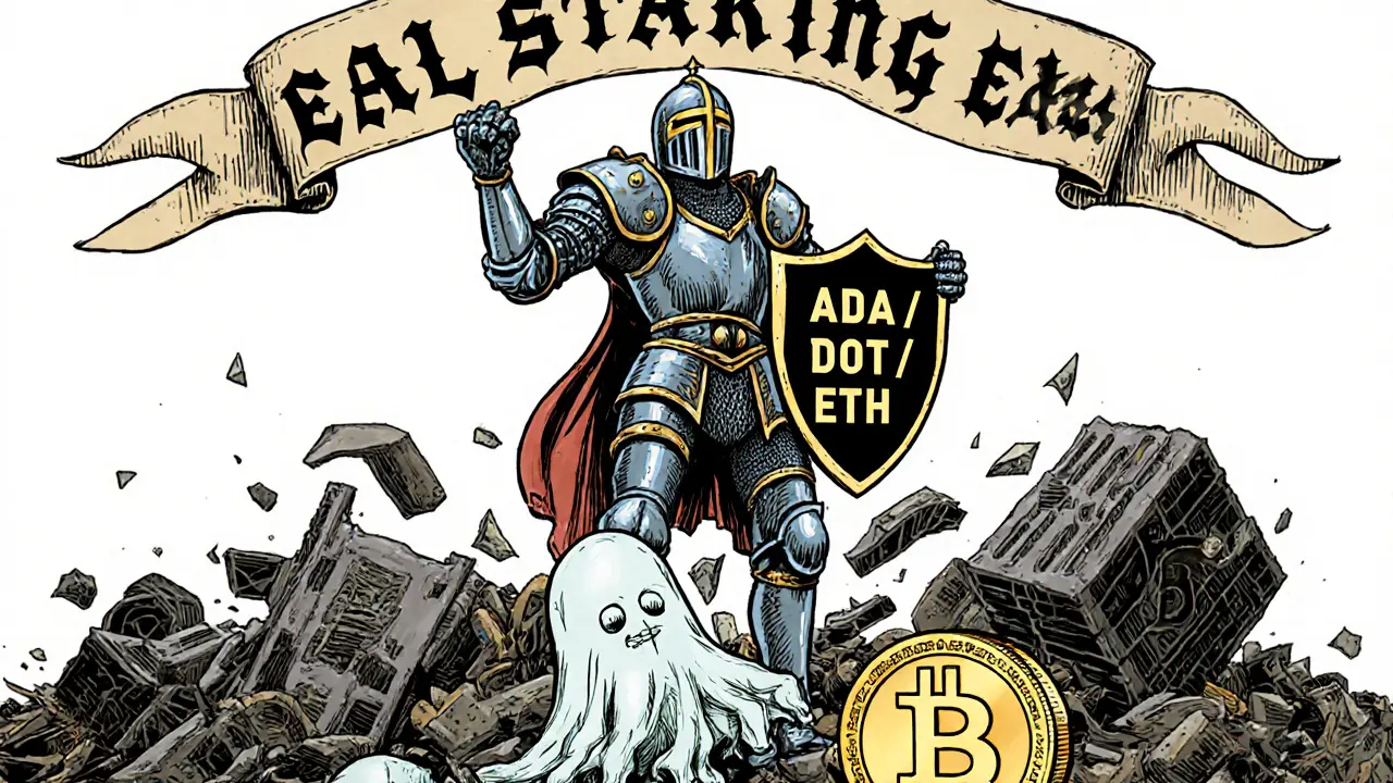 A knight holding a shield labeled &#039;ADA/DOT/ETH&#039; stands atop dead crypto coins, with Bitstar&#039;s ghostly coin at his feet.