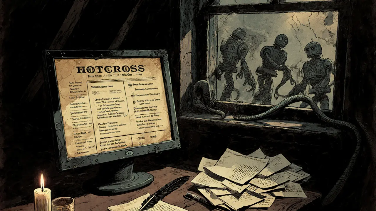 A lonely developer&#039;s desk holds a faded roadmap beside a dying monitor showing HOTCROSS&#039;s near-zero price.
